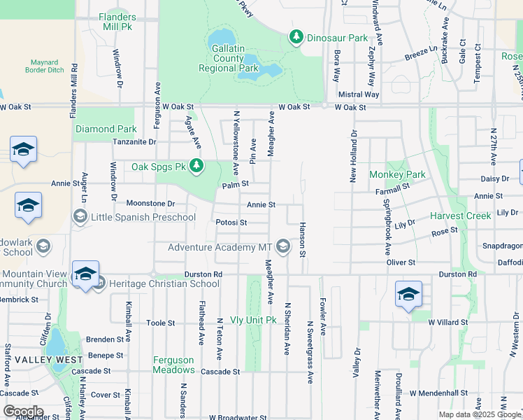 map of restaurants, bars, coffee shops, grocery stores, and more near 3636 Annie Street in Bozeman