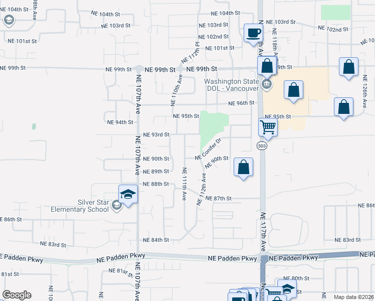 map of restaurants, bars, coffee shops, grocery stores, and more near 11105 Northeast 92nd Circle in Vancouver
