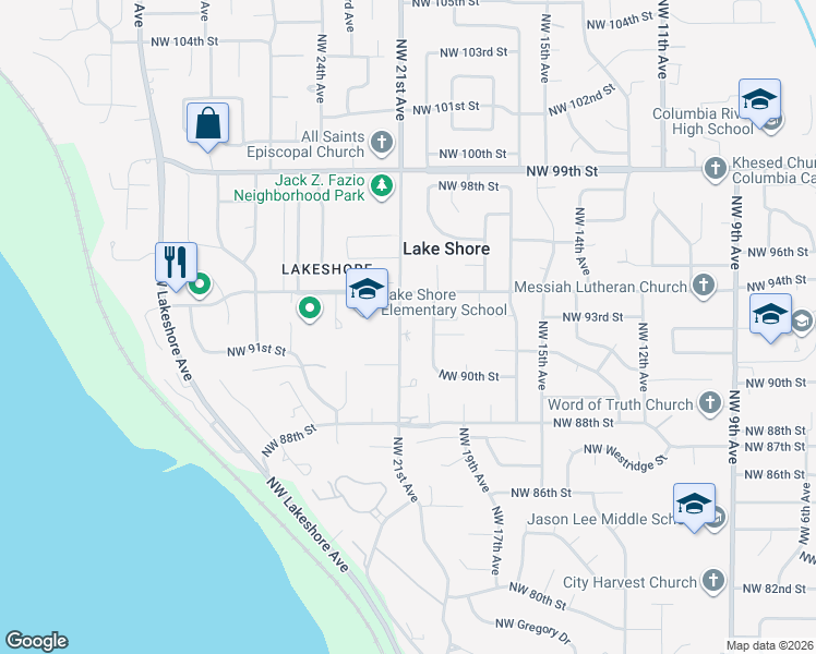map of restaurants, bars, coffee shops, grocery stores, and more near 9119 Northwest 21st Avenue in Vancouver