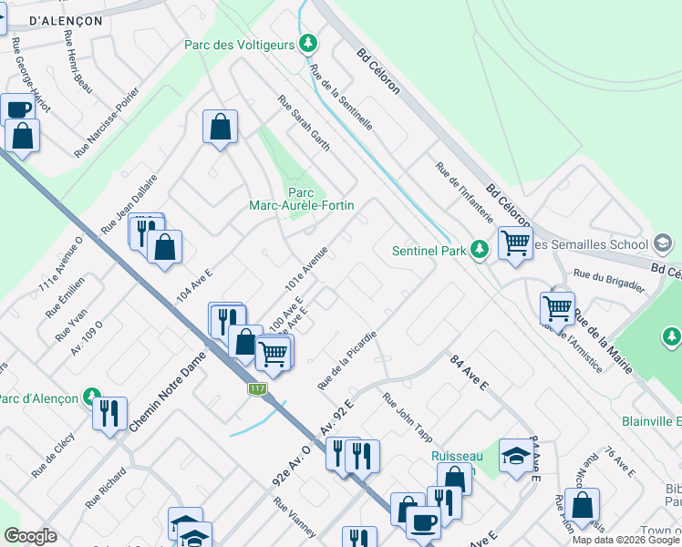 map of restaurants, bars, coffee shops, grocery stores, and more near 66 Avenue 99e Est in Blainville