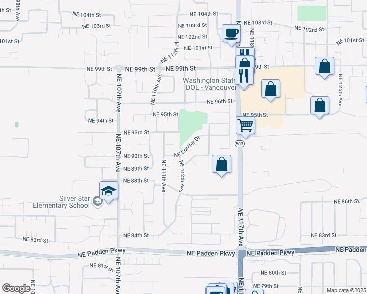 map of restaurants, bars, coffee shops, grocery stores, and more near 11210 Northeast Conifer Drive in Vancouver