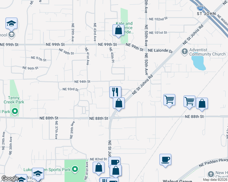 map of restaurants, bars, coffee shops, grocery stores, and more near 4515 Northeast 93rd Street in Vancouver