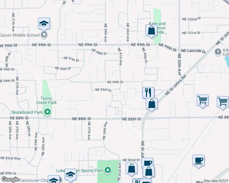 map of restaurants, bars, coffee shops, grocery stores, and more near 4009 Northeast 93rd Street in Vancouver
