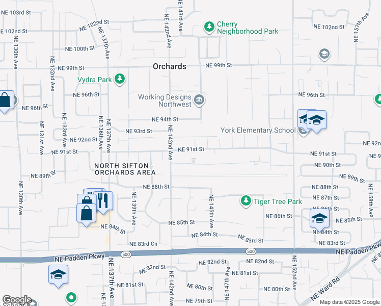 map of restaurants, bars, coffee shops, grocery stores, and more near 14405 Northeast 91st Street in Vancouver