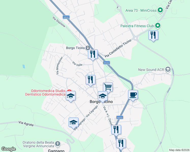 map of restaurants, bars, coffee shops, grocery stores, and more near 20 Piazza Martiri in Borgo Ticino
