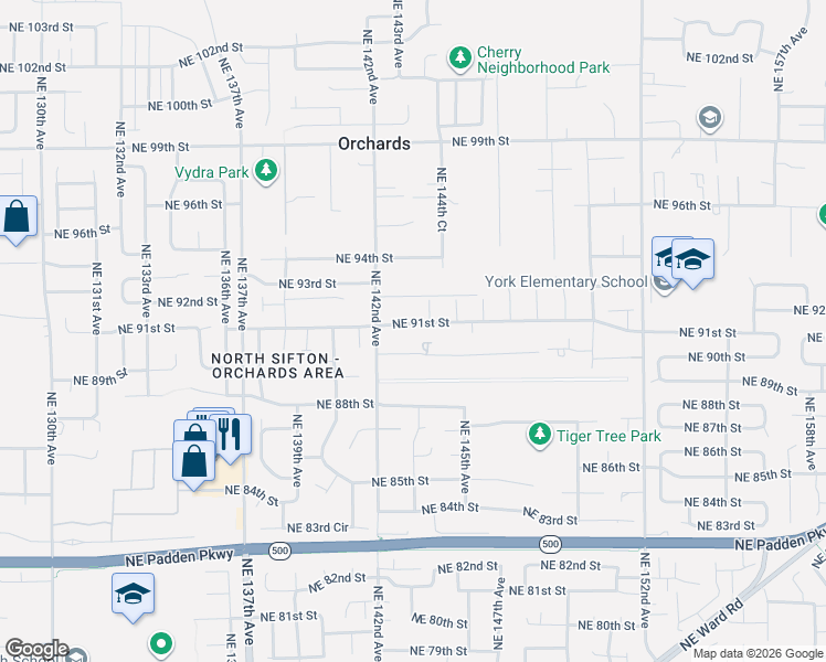 map of restaurants, bars, coffee shops, grocery stores, and more near 14309 Northeast 91st Street in Vancouver