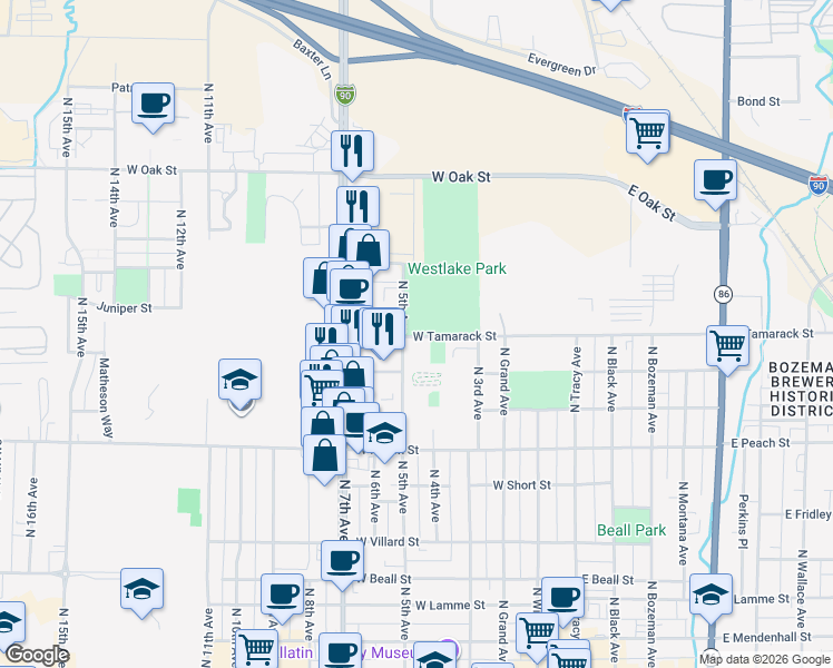 map of restaurants, bars, coffee shops, grocery stores, and more near 442 West Tamarack Street in Bozeman