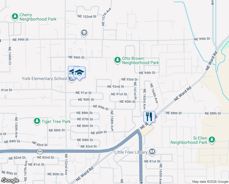 map of restaurants, bars, coffee shops, grocery stores, and more near 15816 Northeast 91st Street in Vancouver