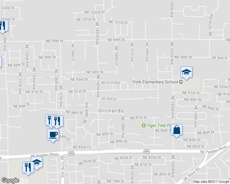 map of restaurants, bars, coffee shops, grocery stores, and more near 14405 Northeast 91st Street in Vancouver