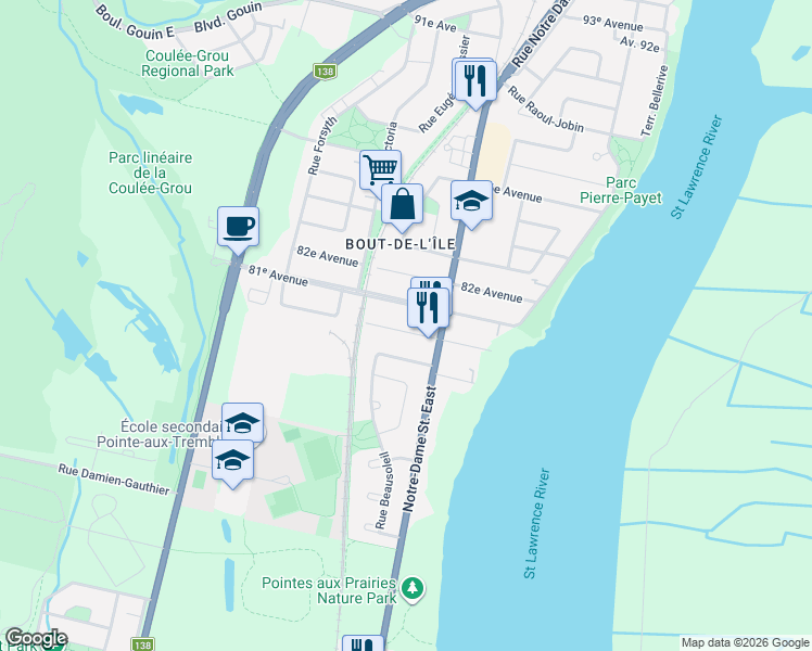 map of restaurants, bars, coffee shops, grocery stores, and more near 557 80e Avenue in Montréal