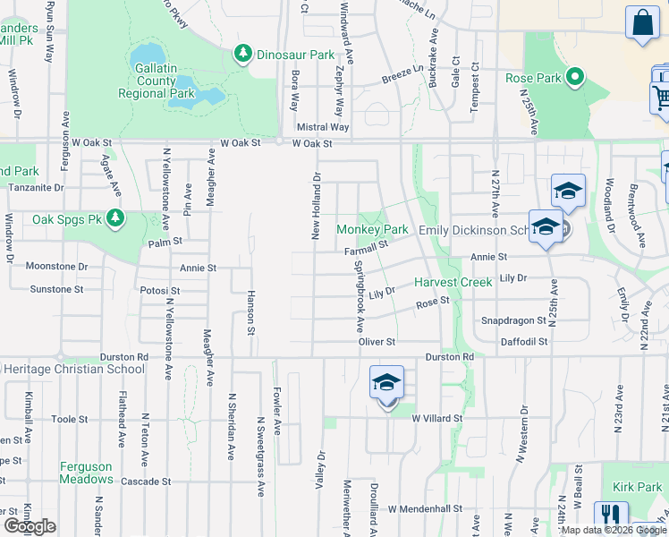 map of restaurants, bars, coffee shops, grocery stores, and more near 3193 Annie Street in Bozeman