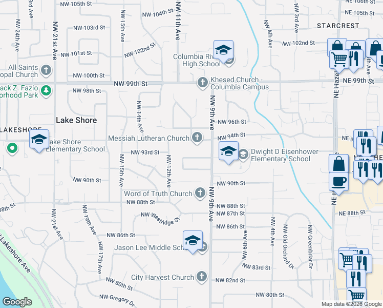 map of restaurants, bars, coffee shops, grocery stores, and more near 9200 Northwest 11th Avenue in Vancouver