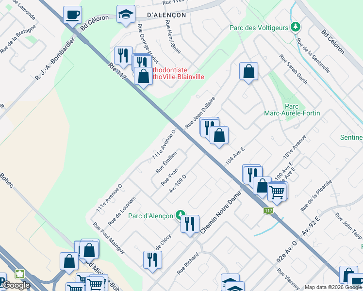 map of restaurants, bars, coffee shops, grocery stores, and more near 1360 Rue Adélard in Blainville