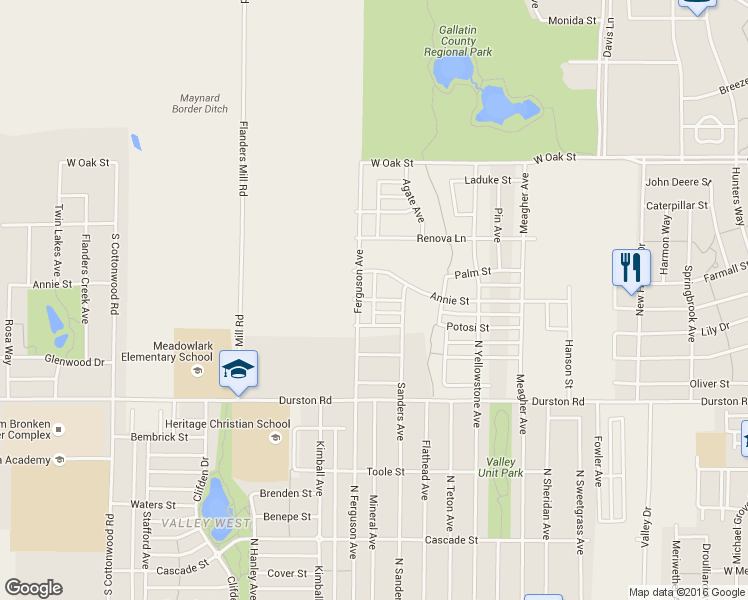 map of restaurants, bars, coffee shops, grocery stores, and more near Moonstone Drive in Bozeman