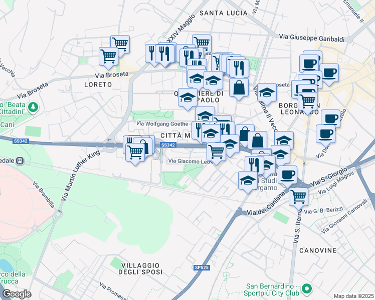 map of restaurants, bars, coffee shops, grocery stores, and more near 14 Via Giacomo Leopardi in Bergamo