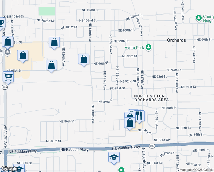 map of restaurants, bars, coffee shops, grocery stores, and more near 13019 Northeast 91st Circle in Vancouver
