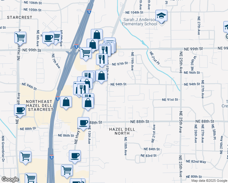 map of restaurants, bars, coffee shops, grocery stores, and more near 9317 Northeast Highway 99 in Vancouver