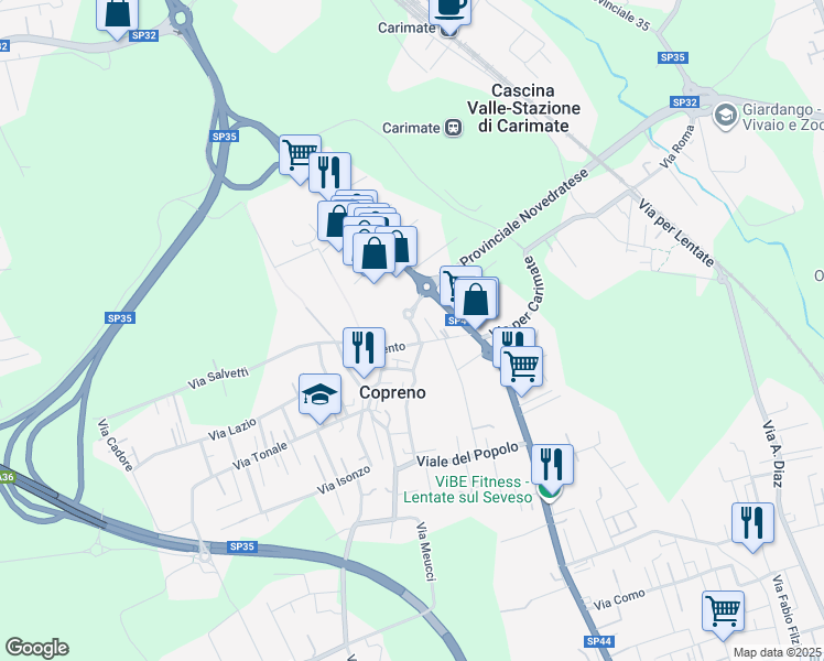map of restaurants, bars, coffee shops, grocery stores, and more near 19 Via Trieste in Lentate Sul Seveso