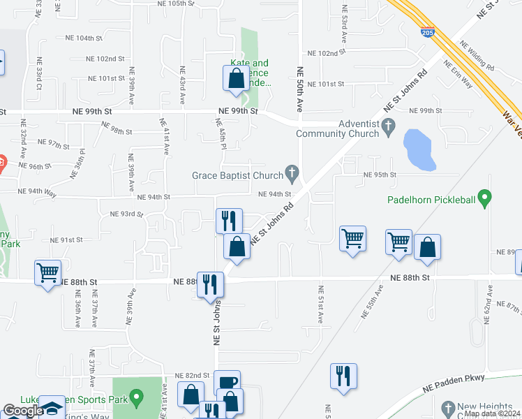 map of restaurants, bars, coffee shops, grocery stores, and more near 4712 Northeast 93rd Street in Vancouver