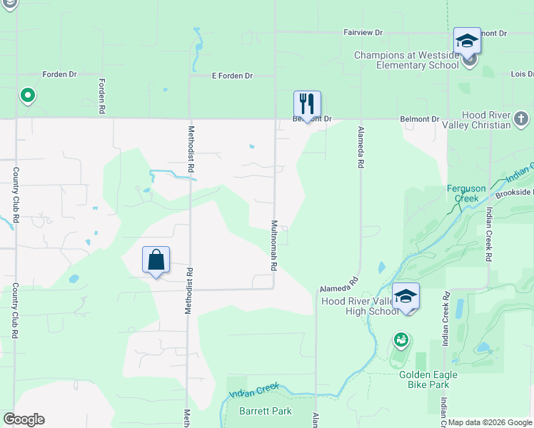 map of restaurants, bars, coffee shops, grocery stores, and more near 1100 Multnomah Road in Hood River