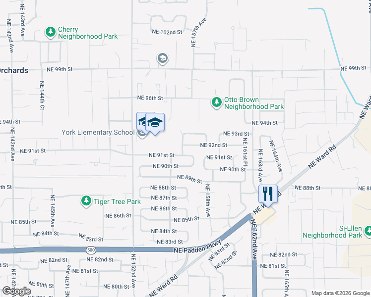 map of restaurants, bars, coffee shops, grocery stores, and more near 15503 Northeast 91st Street in Vancouver