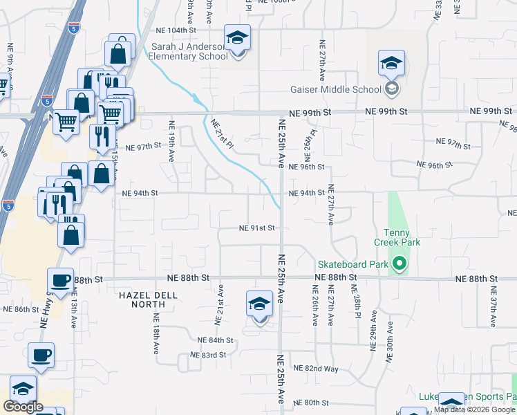 map of restaurants, bars, coffee shops, grocery stores, and more near 9212 Northeast 24th Court in Vancouver