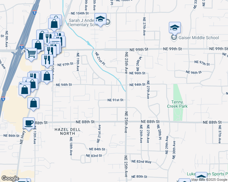 map of restaurants, bars, coffee shops, grocery stores, and more near 9212 Northeast 24th Court in Vancouver