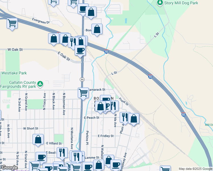 map of restaurants, bars, coffee shops, grocery stores, and more near 803 N Wallace Ave in Bozeman