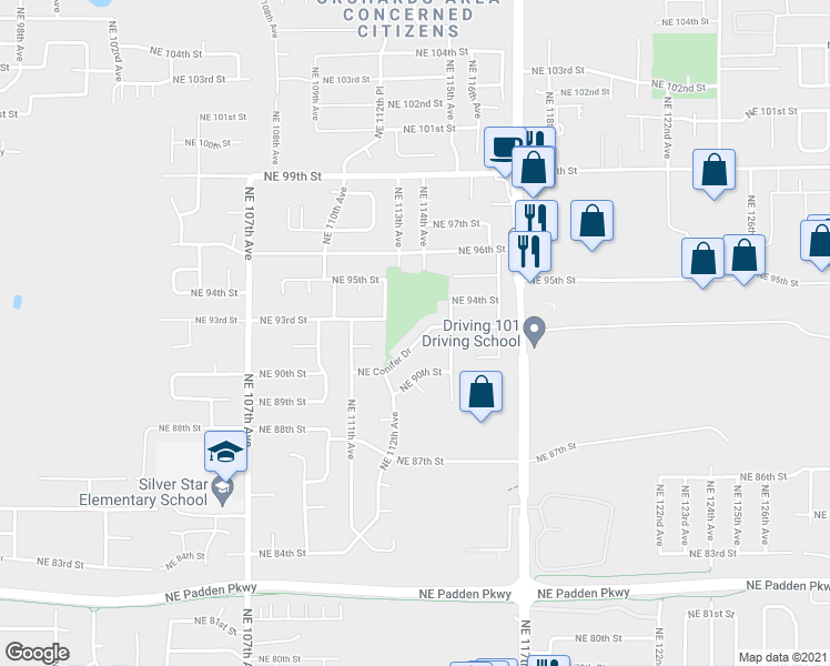 map of restaurants, bars, coffee shops, grocery stores, and more near 11210 Northeast Conifer Drive in Vancouver