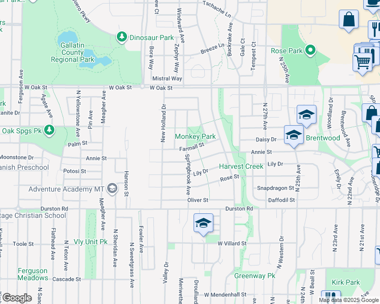 map of restaurants, bars, coffee shops, grocery stores, and more near 3086 Farmall Street in Bozeman