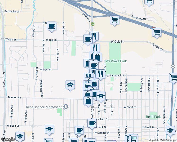 map of restaurants, bars, coffee shops, grocery stores, and more near 923 North 7th Avenue in Bozeman
