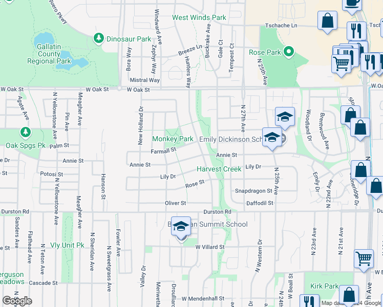 map of restaurants, bars, coffee shops, grocery stores, and more near 2927 Annie Street in Bozeman