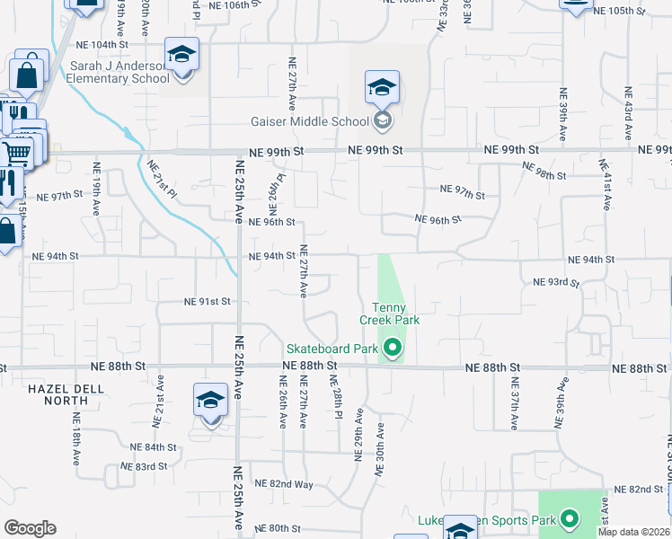 map of restaurants, bars, coffee shops, grocery stores, and more near 2718 Northeast 92nd Circle in Vancouver