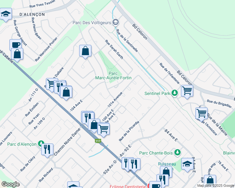 map of restaurants, bars, coffee shops, grocery stores, and more near 39 101e Avenue in Blainville