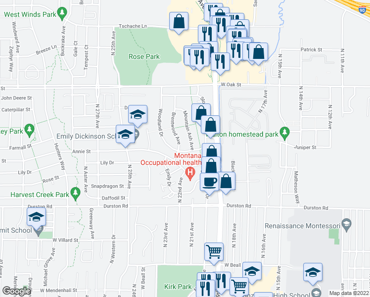 map of restaurants, bars, coffee shops, grocery stores, and more near 2105 Windsor Street in Bozeman