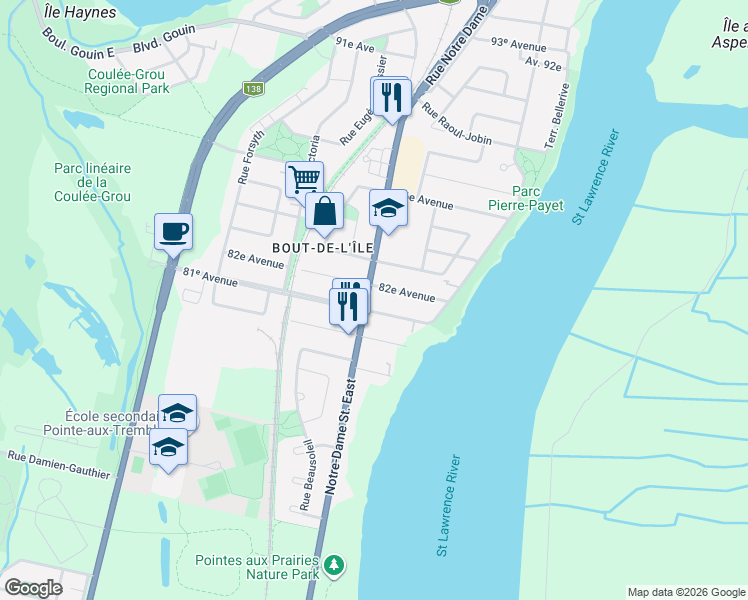 map of restaurants, bars, coffee shops, grocery stores, and more near 15566 Notre-Dame Street East in Montreal