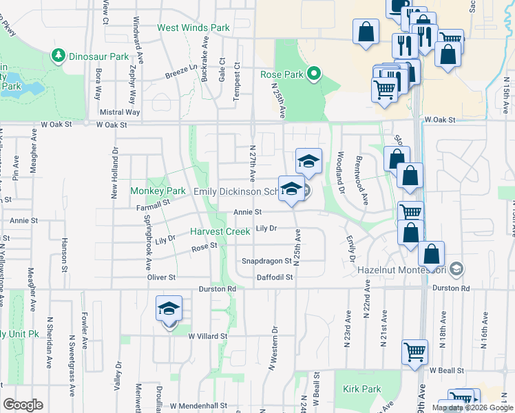 map of restaurants, bars, coffee shops, grocery stores, and more near 2619 Annie Street in Bozeman