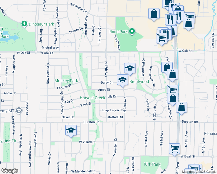 map of restaurants, bars, coffee shops, grocery stores, and more near 2619 Annie Street in Bozeman