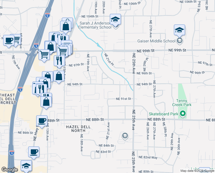 map of restaurants, bars, coffee shops, grocery stores, and more near 2107 Northeast 94th Street in Vancouver