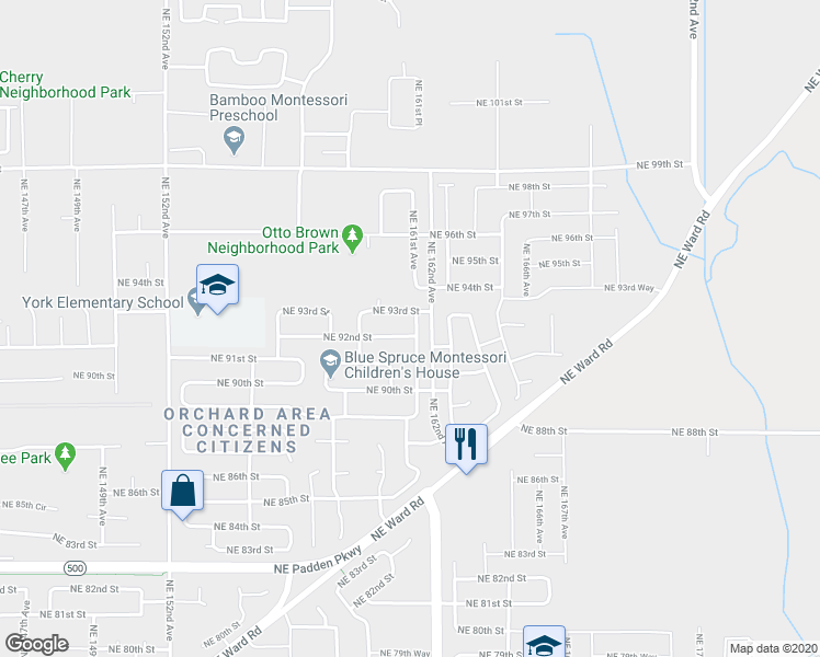 map of restaurants, bars, coffee shops, grocery stores, and more near 16100 Northeast 93rd Street in Vancouver