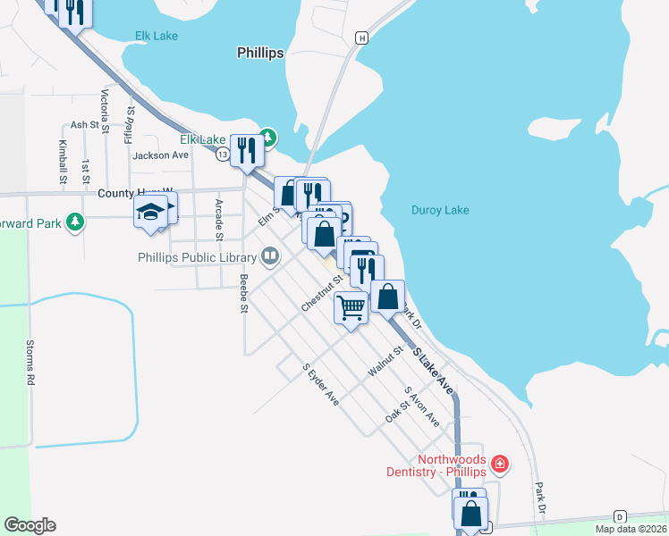 map of restaurants, bars, coffee shops, grocery stores, and more near 172 North Lake Avenue in Phillips
