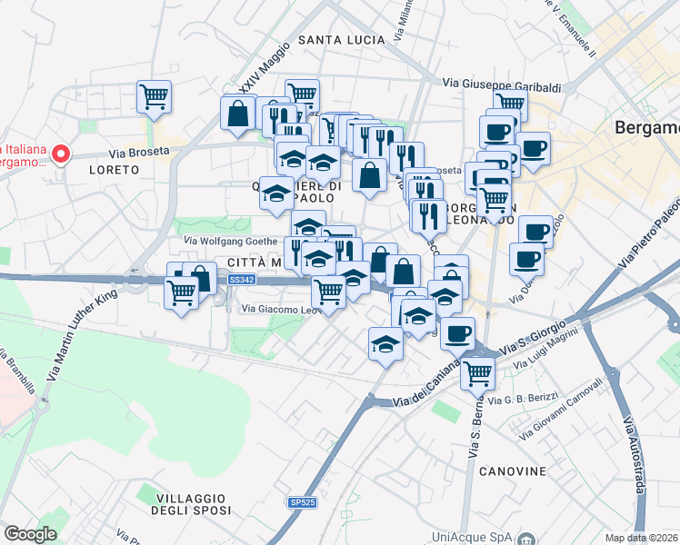 map of restaurants, bars, coffee shops, grocery stores, and more near 1 Via dei Bettera in Bergamo