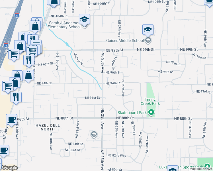 map of restaurants, bars, coffee shops, grocery stores, and more near 9302 Northeast 25th Court in Vancouver