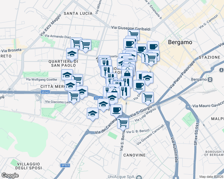 map of restaurants, bars, coffee shops, grocery stores, and more near 172 Via Giovanni Battista Moroni in Bergamo