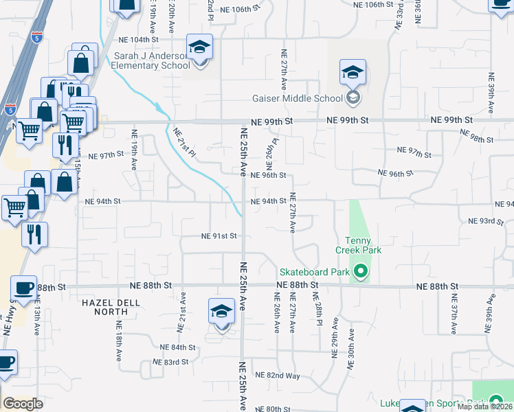 map of restaurants, bars, coffee shops, grocery stores, and more near 9304 Northeast 25th Court in Vancouver