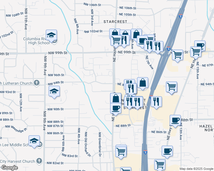 map of restaurants, bars, coffee shops, grocery stores, and more near 104 Northeast 94th Street in Vancouver