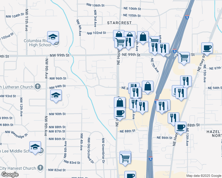 map of restaurants, bars, coffee shops, grocery stores, and more near 104 Northeast 94th Street in Vancouver