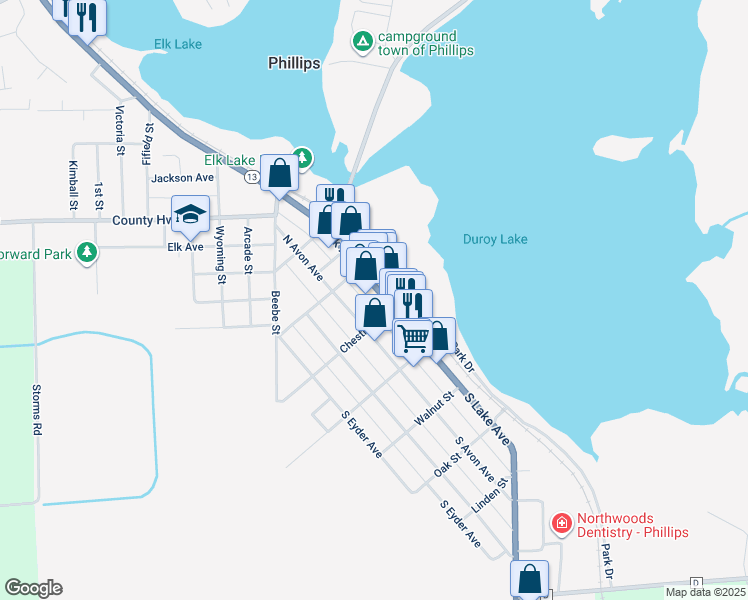 map of restaurants, bars, coffee shops, grocery stores, and more near 166 North Lake Avenue in Phillips