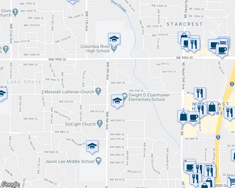 map of restaurants, bars, coffee shops, grocery stores, and more near 711 Northwest 94th Street in Vancouver