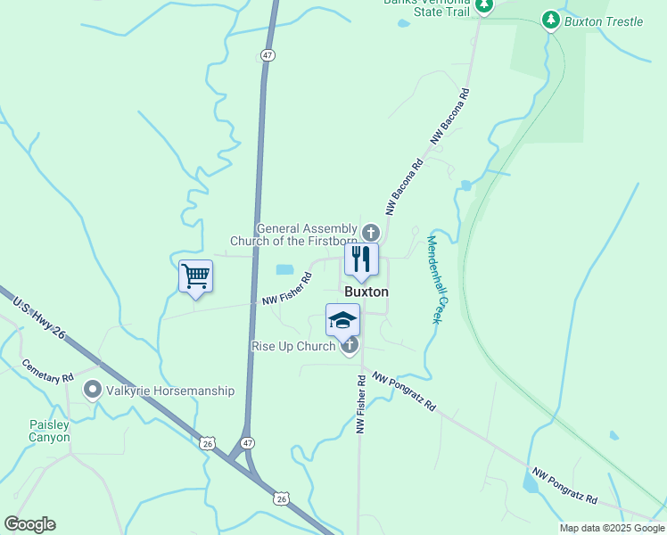 map of restaurants, bars, coffee shops, grocery stores, and more near 23052 Northwest Fisher Road in Buxton